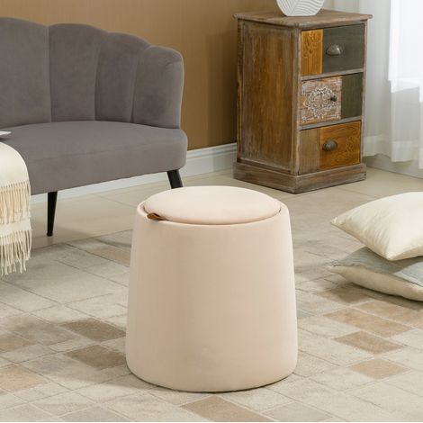 Ottomane pouf rond de rangement beige en tissu effet velours avec couvercle réversible, coffre discret et pieds antidérapants, Ø44 x 47,5 cm – CHICFURN (1/5)