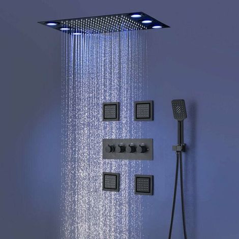Duschsystem,Multifunktional Duschsystem Mit Thermostat,Unterputz Duscharmatur,Mit LED-Farb Atmosphärenlicht,360×500 MM Kopfbrause,Handbrause,Und 4 Zoll Große Seitenbrause,Schwarz Duschsystem