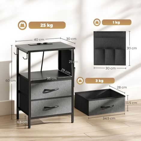 Table basse / Table d'appoint (Avec station de charge) — Structure en acier, port USB-C, inclut un tiroir et des crochets — Noir. (1/4)
