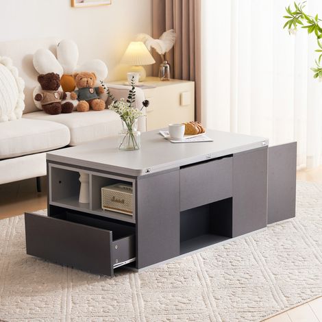 Table basse relevable multifonction 2-en-1 gris avec rangement, deux plateaux, 2 tiroirs et niches ouvertes pour salon moderne – CHICFURN (1/5)