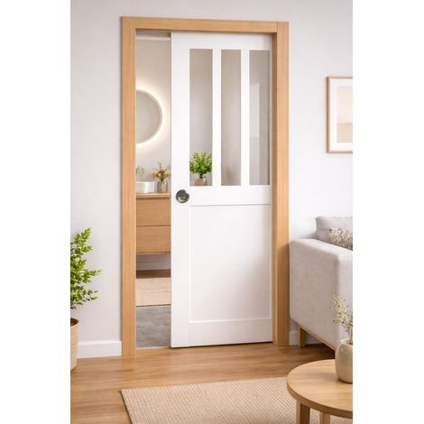 Porte Coulissante Atelier Blanc H204 X L93 Cm, Galandage, Kit Finition (coquille Et Tire Doigt) Gd Menuiseries