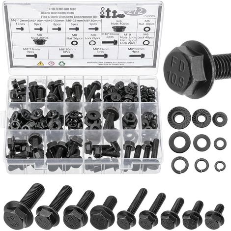 Coffret de 272 Boulons à Tête Hexagonale à Embase, Vis à Métaux en Acier Carbone Noir Haute Résistance, Assortiment M6 M8 M10 avec Écrous, Rondelles Plates et Rondelles Frein, Kit de Visserie pour Aut (1/3)