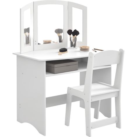 Ensemble coiffeuse pour enfants avec miroir triple amovible et chaise en bois blanc (1/5)
