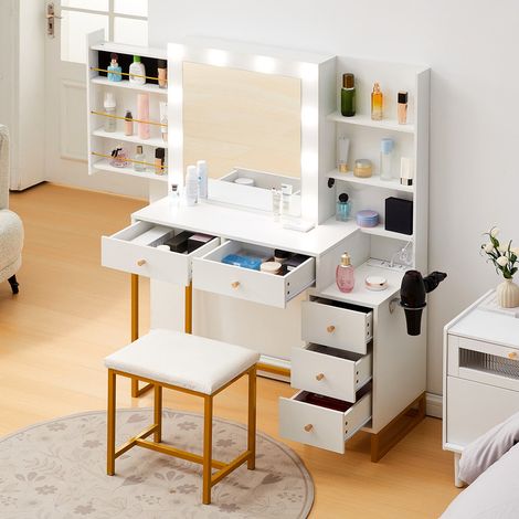 White Dressing Table Set with Hollywood Lights, 5 Drawers Vanity Table with Charging Station and Storage Shelves Makeup Desk with Mirror and Stools for Bedroom (1/5)