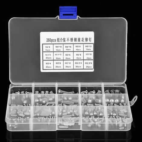 Assortiment de 250 rivets pleins à tête ronde et tige moletée en acier inoxydable M2-M5 (1/5)