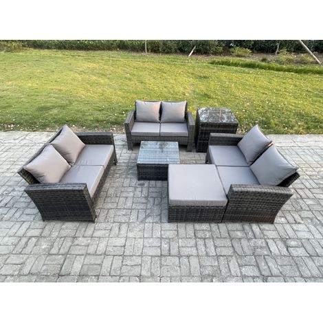 Fimous 7-Sitzer Rattan Gartenmöbel Sitzgruppe mit Quadratisch Couchtisch Doppelsitz-Sofa Großer Fußhocker Beistelltische (1/5)