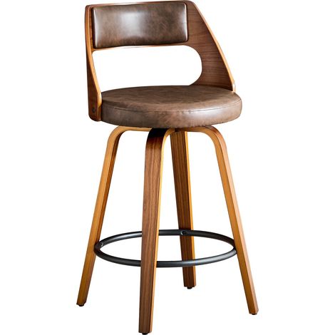 Lot de 2 tabourets de bar avec dossier, assise en cuir régénéré, structure en bois, hauteur 92 cm, style rétro pour cuisine et comptoir CHICFURN (1/5)