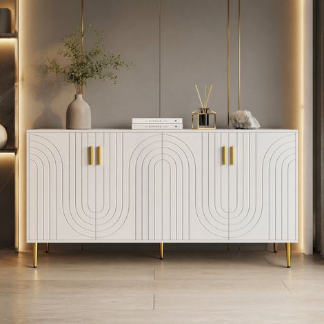 Sideboard 152/40/75 cm in Weiß mit Wellenfront und goldfarbenen Details (1/5)