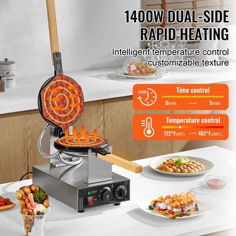 Gaufrier à bulles pro 1400W appareil à gaufres œuf inox antiadhésif rotatif 180° réglage température minuteur poignée bois restaurant boulangerie snack (1/5)