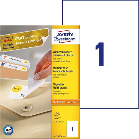Avery Zweckform L4730REV-25 - Etichette universali, 100 etichette, 210 x 297 mm, colore: bianco (1/5)