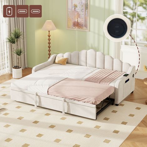3ft Single Daybed with Pull-out Trundle, Velvet Upholstered Sofa Bed with Side Charging Station & Storage Pockets, Chic Fluted Scalloped Backrest, Beige (No Mattress)