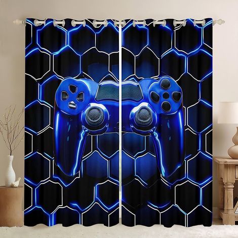 Rideaux de fenêtre pour gamer, rideaux de fenêtre en nid d'abeille, jeux vidéo, décoration de chambre de garçons et filles, bleu foncé, 2 panneaux, 168 x 183 cm - 66W72L inch2 (1/5)