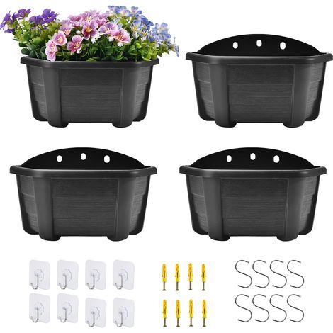 Lot de 4 Pots de Fleurs muraux en Plastique de Style rétro - 25 cm - pour Balcon, clôture, Jardin, extérieur, intérieur - Café foncé (1/5)