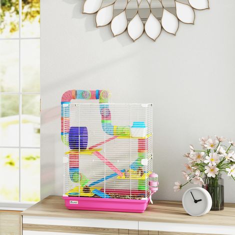 Cage pour hamster avec tunnel, plateformes, gamelle, biberon, maisonnette, rampes et roue d'exercice 46x30x58 cm Rose