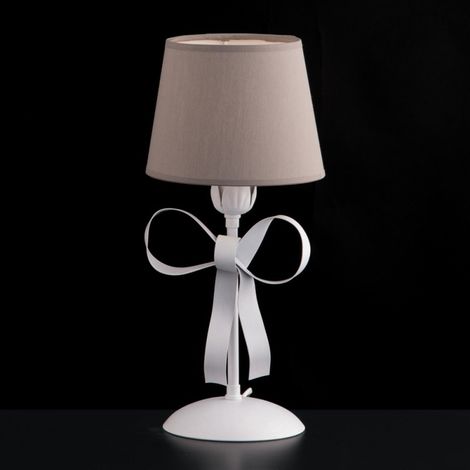 Schäbige Nachttischlampe aus weiß lackiertem Eisen mit taubengrauem PVC-Lampenschirm