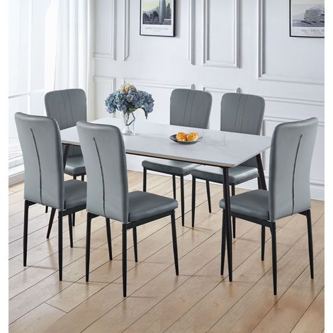 Hallowood Furniture Cullompton Large Dining Table and Chairs Set 6, (1.6m) White Marble Effect Kitchen Table and Chairs in Grey Faux Leather Upholstery and Metal Legs, Dining Set for Home & Café (1/5)