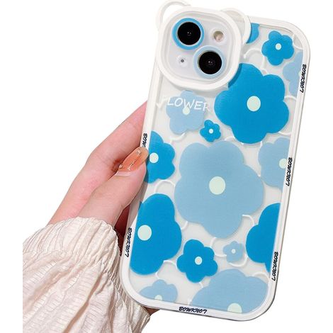 Coque pour iPhone 14, motif floral transparent avec objectif photo d'ours, coque de protection souple en TPU antichoc, convient aux femmes et aux filles - Bleu (1/2)