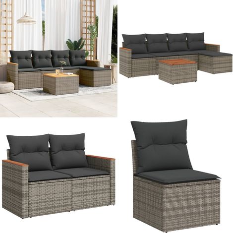 6-tlg. Garten-Sofagarnitur mit Kissen Grau Poly Rattan - Gartenmöbel Set - Outdoor Lounge - Rattan Gartenmöbel - Esstisch Set - Balkonmöbel - Home & Living (1/5)