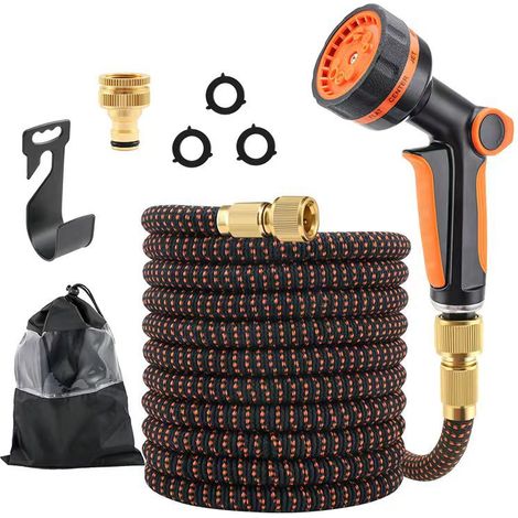 Kit tuyau extensible auto-rétractable 22,5 m orange et noir + pistolet de jardin haute pression pour lavage auto et arrosage (1/5)