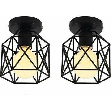 Set of 2 Industrial Metal Square Cage Ceiling Light, Chandelier Iron Shade Light Fixture E27 40W Black for Living Room Bedroom Bar (1/5)