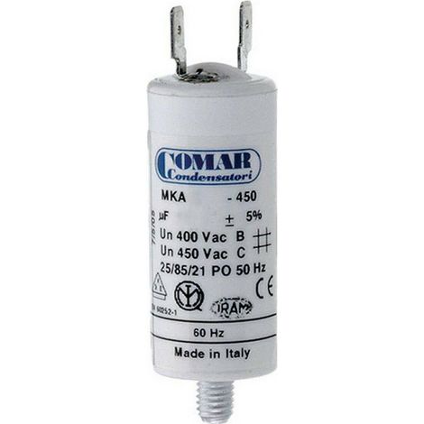 Condensatore di avviamento MKA 1uF 5% 450V Ø3,4x6,3cm con picchetto M8 e faston semplice 6,35 Konek (1/2)