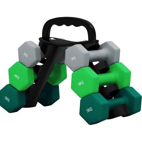 Set aus 6 sechseckigen Hanteln 42x10x30 cm aus Metall, mehrfarbig mit Ständer – MEUBLIV (1/5)