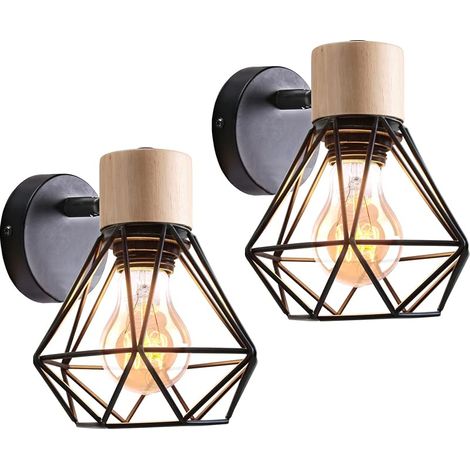 Lot de 2 Appliques Murales Industrielles Design Cage en Métal Lampe Murale Bois Décoration Ajustable Vintage Luminaire Interieur pour Chambre Couloir Salon, 16CM (Style-B Noir) (1/5)