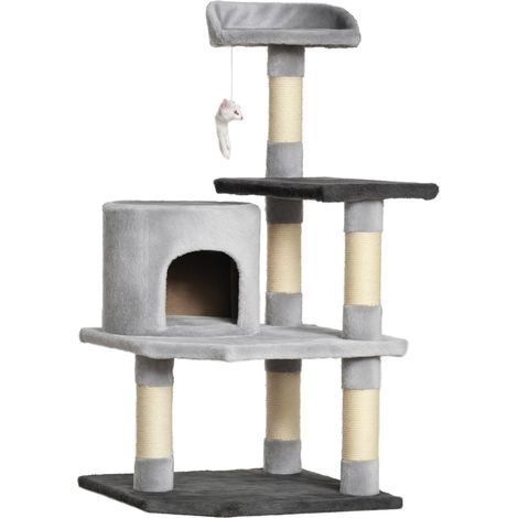 Tiragraffi per gatti con piattaforme, casette, topolino giocattolo, pali per tirare e rivestimento in pile, 48x48x100 cm, grigio.