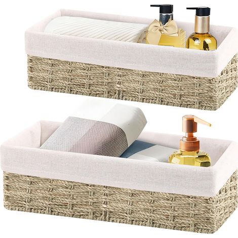 Set de 2 Paniers de Rangement, Corbeille Osier Décoratifs avec Doublure, Boite Tressés en Osier, Pour Chambre, Salle de Bain, Bureau, Corde D'herbe, STB201-Q