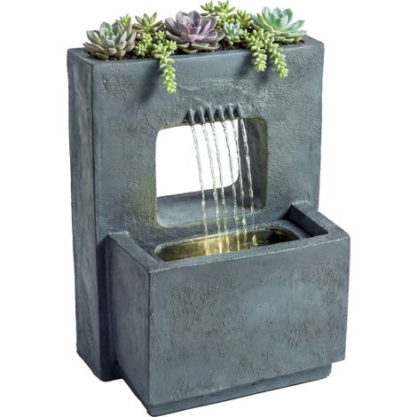 Fontaine de jardin 2 niveaux avec éclairage LED, bac à plantes, pompe et aspect pierre réglable 45×31,5×58,5 cm