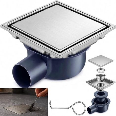 Siphon de Sol Carré en Acier Inoxydable 15 x 15 cm – Grille de Douche Antioxydante, Bonde de Sol pour Salle de Bain, WC et Terrasse (1/5)