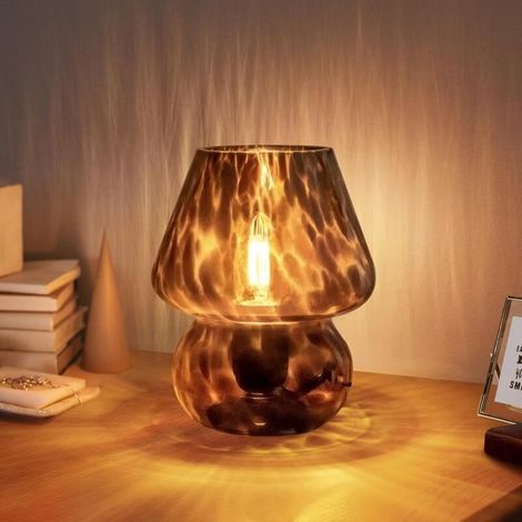 Lampe à poser champignon vintage en verre soufflé – Éclairage ambiant doux – Transparent avec grains de verre noirs – Pour chambre ou bureau (1/5)