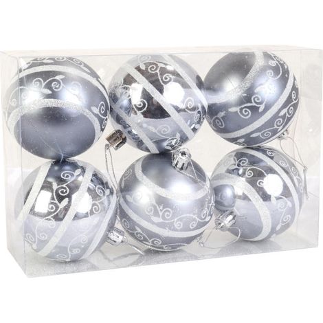 Set mit 6 bruchsicheren Dekokugeln, 6 cm – drei glitzernde und drei matte – Silber (1/3)