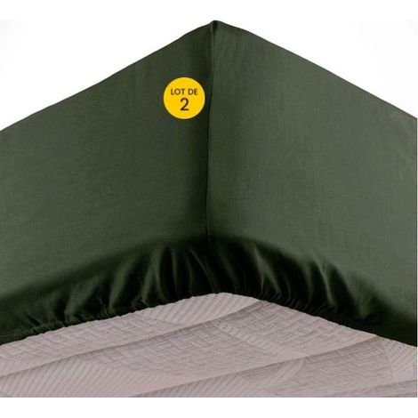 Lot de 2 Draps housse bonnet 30 cm 2 personnes 140 x 190 cm microfibre Oscar Kaki (1/3)