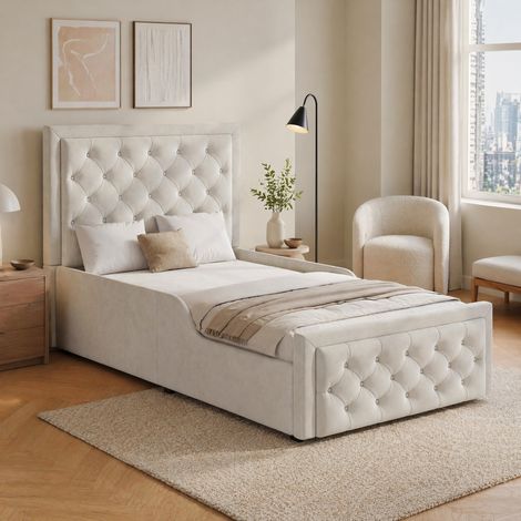 Cama infantil 90 x 200 cm con almacenamiento hidráulico, somier, cabecero capitoné, terciopelo beige (1/5)