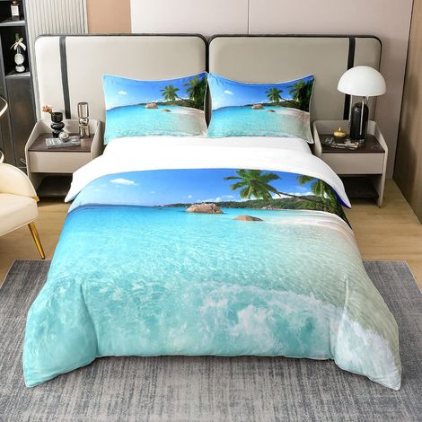 Housse de couette 100 % coton lavé - 220 x 240 cm - Motif feuilles de palmier - Décoration d'été - Style hawaïen - Motif : palmiers verts, nature tropicale, mer (1/5)
