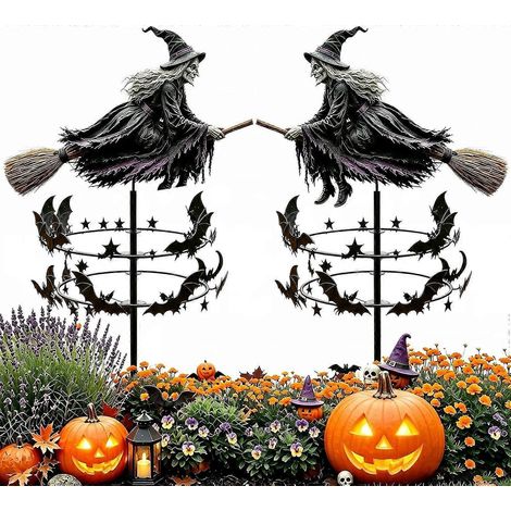 Décorations d'Halloween extérieures en métal pour jardin girouette motif sorcière volante et chauve-souris 1 pièce (1/5)