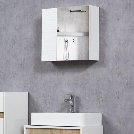 Badezimmer-Spiegelschrank aus Spanplatte und Glas mit 4 verstellbaren Einlegeböden zur Wandmontage, 48 x 15 x 45 cm, Weiß