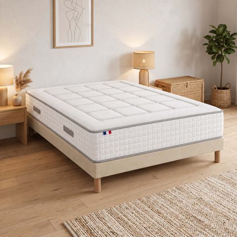 Ensemble matelas ressorts mémoire de forme BELLAGIO sommier déco beige 140x190cm (1/5)