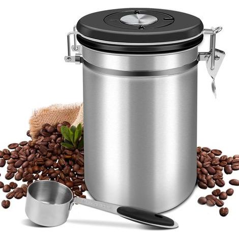 Airtight Coffee Canister, Airtight Coffee Vault Storage for Coffee and All Its Flavors in, Stainless Steel with Storage Capacity of 22.8oz/1.4lb-with Spoon (1500 ml) (1/5)