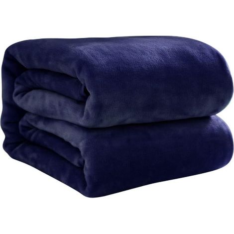 Couverture polaire hiver 100 x 140 cm, flanelle épaisse et douce, plaid jeté de canapé ou lit, coloris bleu marine