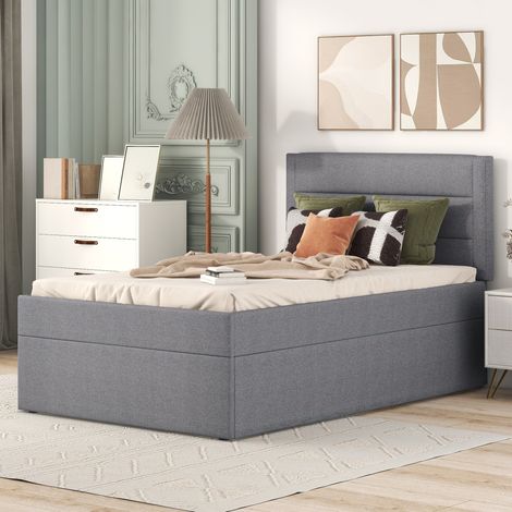 Letto singolo 90x200 cm grigio in lino e MDF con contenitore e rete a doghe (1/5)