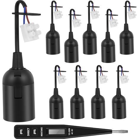 10er-Pack E27-Fassungen, 12 cm Kabel, schwarzer Kunststoff, Spannungsprüfer, Beleuchtungsrenovierung (1/5)
