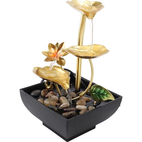 Petite fontaine cascade 3 étages feuille lotus éclairage LED chaud eau circulante réglable bureau chambre maison fer plastique 21.5cm avec pompe USB et cailloux silencieuse (1/5)