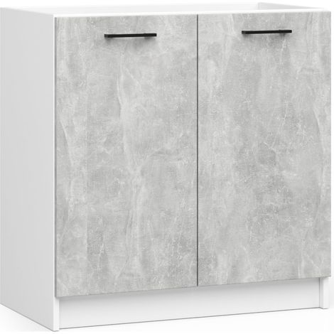 Akord – Armoire de cuisine basse pour évier 80 cm – 2 portes battantes – Panneau stratifié blanc et béton – Dimensions 80x46x82 cm