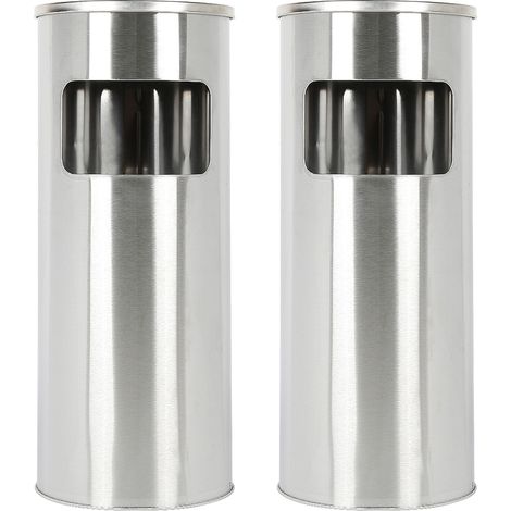 Lot de 2 Poubelles 30L Poubelle ronde verticale en acier inoxydable de avec Cendrier Extèrieur Intérieur 25×25×60cm argent (1/5)