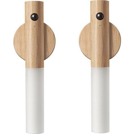 Veilleuse à détecteur de mouvement en bois, éclairage de couloir magnétique, applique murale LED rechargeable, escalier portable, chambre à coucher, alimentée par batterie (bois de frêne blanc, 2 pièc (1/5)