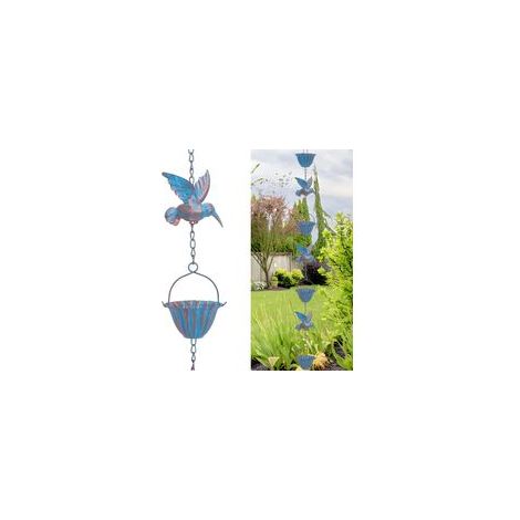 Chaîne de pluie de 2,4 m avec colibris – Chaîne en métal bleu rétro, 7 oiseaux et 7 tasses pour gouttières, décoration de jardin et de maison (1/5)