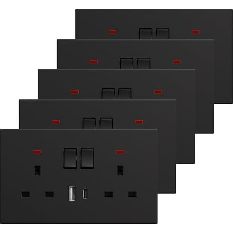 [NUNCA USADO] Enchufe doble con USB C (paquete de 5), enchufe de pared con interruptor doble e indicador LED, toma de pared para PC, color negro, 13 A