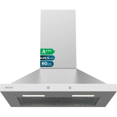 Cecotec Campana Extractora Piramidal 60 cm Bolero Flux PT 604400 Inox A+++. Cristal Frontal en Blanco, Succión 449,5 m³/h